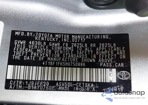 2017 Toyota Camry Se из США, поврежденный, VIN 4T1BF1FK5HU750886